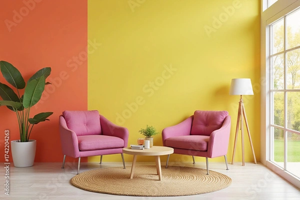 Fototapeta colorful modern interior with two armchair in a colorful color background wall, living room in modern style with low table and decor. colorful background. 3d rendering