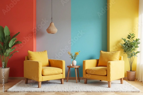Fototapeta colorful modern interior with two armchair in a colorful color background wall, living room in modern style with low table and decor. colorful background. 3d rendering