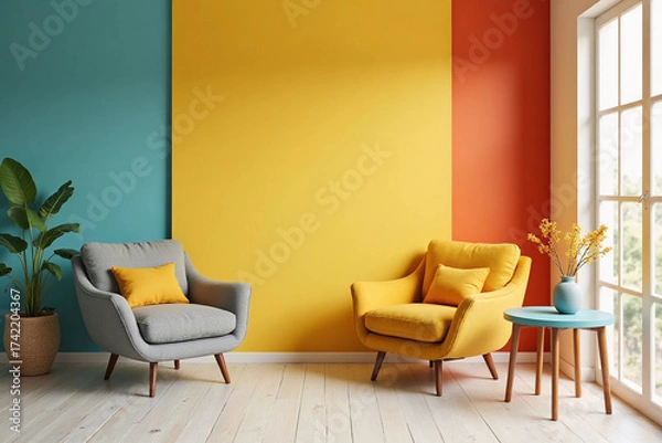 Fototapeta colorful modern interior with two armchair in a colorful color background wall, living room in modern style with low table and decor. colorful background. 3d rendering