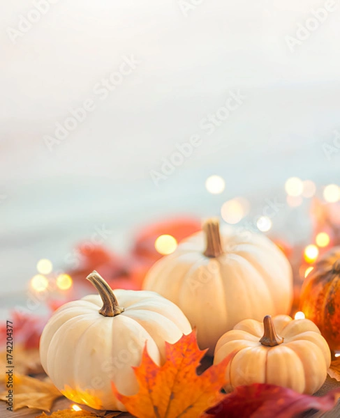 Obraz White pumpkins, colorful maple leaves, and warm glowing bokeh lights. Festive Thanksgiving fall decoration background for cards, posters, and seasonal designs.