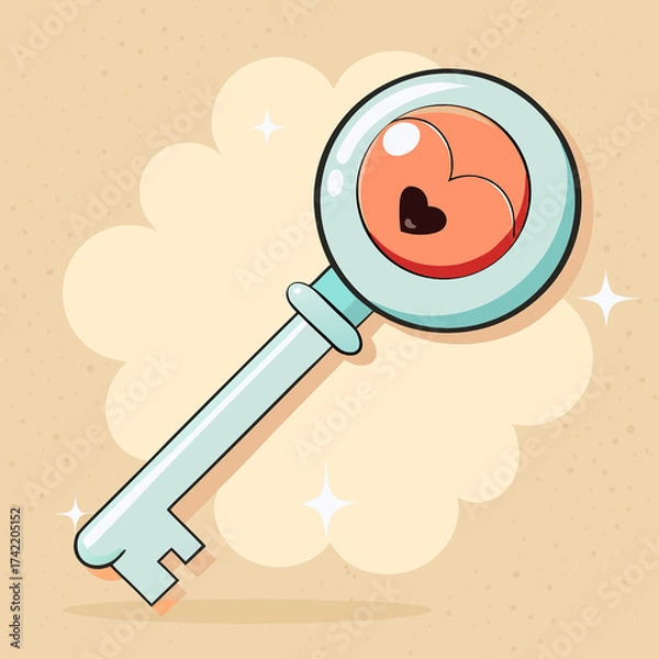 Fototapeta Cute, cartoon illustration of an antique key with a heart-shaped hole in the head, sparkling on a dreamy, peach background.