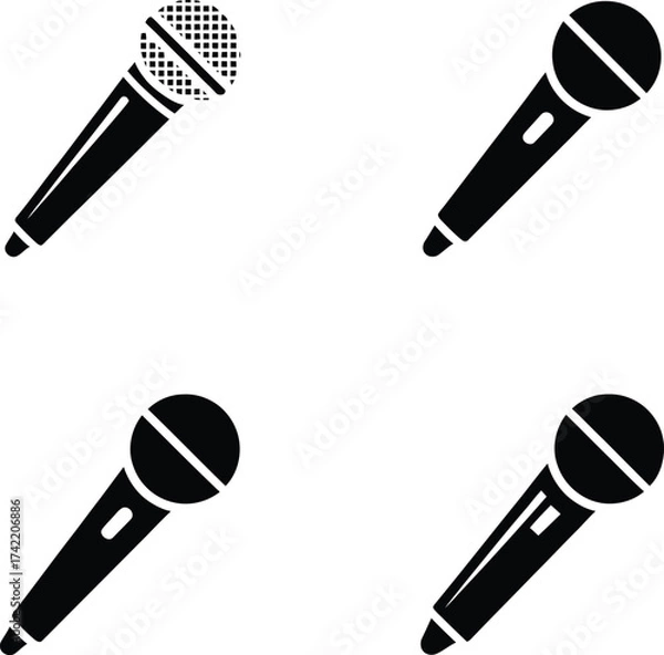 Fototapeta Collection of four vintage style microphone silhouettes for music and performance concepts silhouette