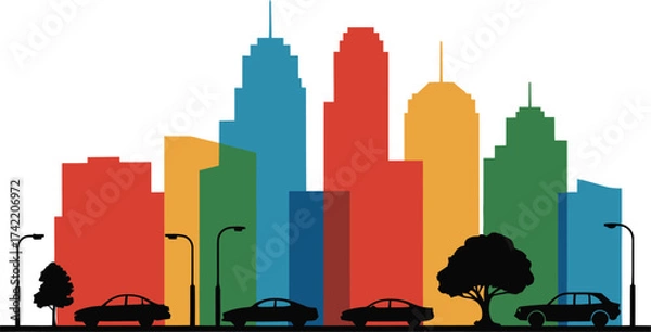 Fototapeta Colorful abstract cityscape skyline with cars and trees silhouette
