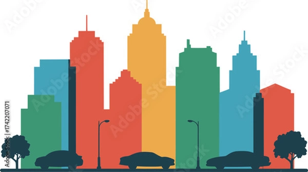Fototapeta Colorful abstract cityscape with trees and cars in silhouette style