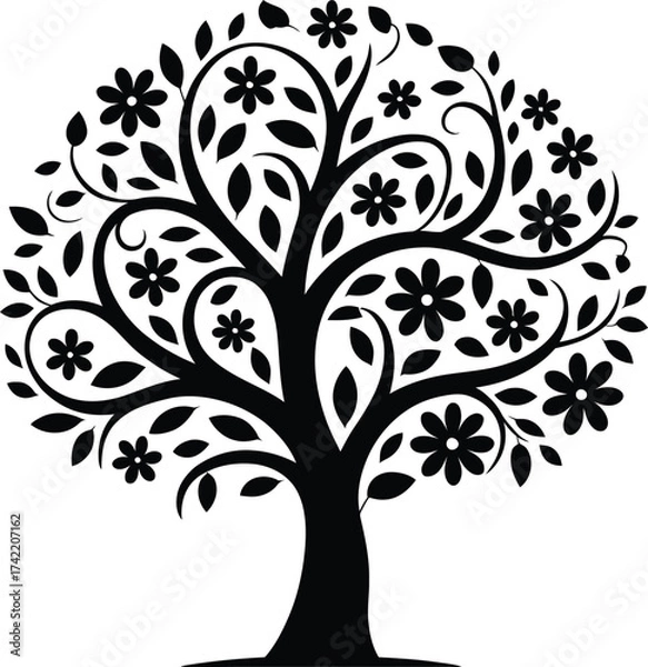 Fototapeta Decorative stylized tree with intricate floral branches and leaves silhouette