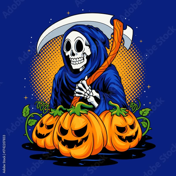 Obraz Grim reaper with pumpkin cartoon