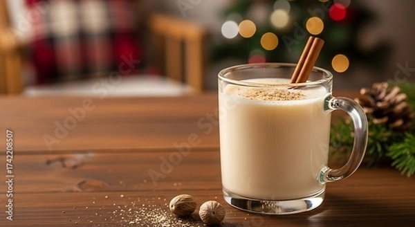 Fototapeta Cozy Christmas Eggnog with Cinnamon Stick and Nutmeg on Wooden Table, Festive Bokeh Lights.