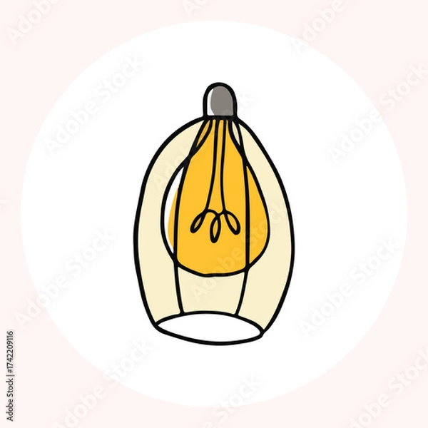 Obraz Bright yellow light bulb with rays shining, symbolizing ideas and creativity in a minimalist style. Light bulb doodle hand drawn icon. Outline Color drawing shining light bulb line clipart symbol.