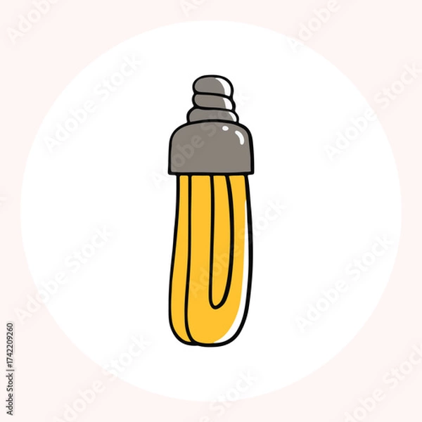 Obraz Bright yellow light bulb with rays shining, symbolizing ideas and creativity in a minimalist style. Light bulb doodle hand drawn icon. Outline Color drawing shining light bulb line clipart symbol.