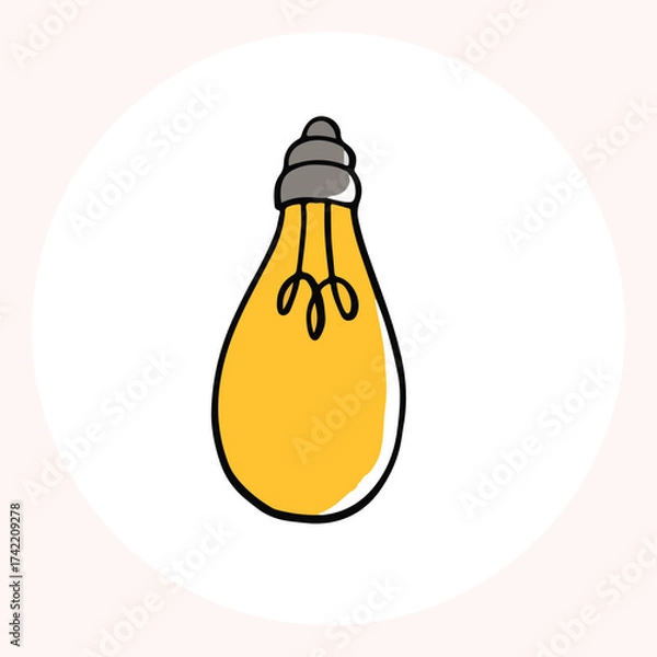 Obraz Bright yellow light bulb with rays shining, symbolizing ideas and creativity in a minimalist style. Light bulb doodle hand drawn icon. Outline Color drawing shining light bulb line clipart symbol.