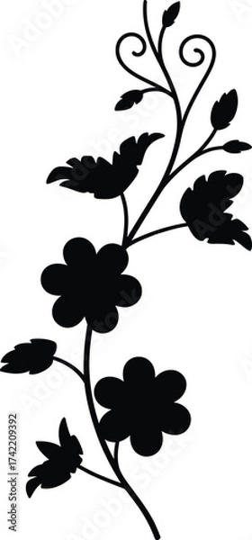 Fototapeta Elegant black silhouette of a delicate flowering vine with swirling stems and leaves