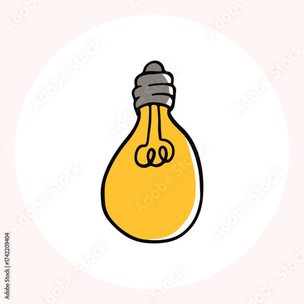 Obraz Bright yellow light bulb with rays shining, symbolizing ideas and creativity in a minimalist style. Light bulb doodle hand drawn icon. Outline Color drawing shining light bulb line clipart symbol.