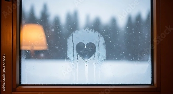 Fototapeta Heart-Shaped Frost on Window with Lamp, Snowy Forest View, Cozy Winter Scene.