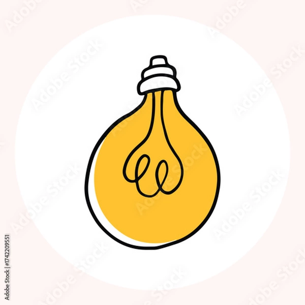 Obraz Bright yellow light bulb with rays shining, symbolizing ideas and creativity in a minimalist style. Light bulb doodle hand drawn icon. Outline Color drawing shining light bulb line clipart symbol.
