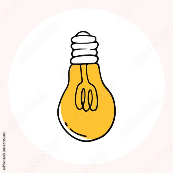 Obraz Bright yellow light bulb with rays shining, symbolizing ideas and creativity in a minimalist style. Light bulb doodle hand drawn icon. Outline Color drawing shining light bulb line clipart symbol.