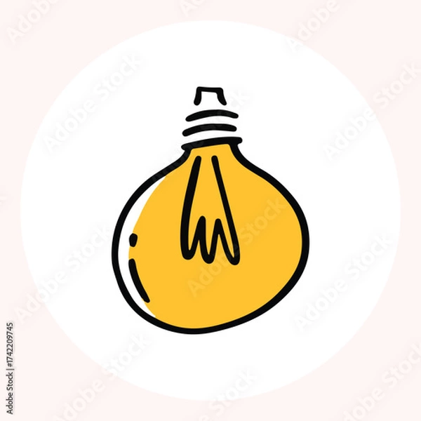 Obraz Bright yellow light bulb with rays shining, symbolizing ideas and creativity in a minimalist style. Light bulb doodle hand drawn icon. Outline Color drawing shining light bulb line clipart symbol.