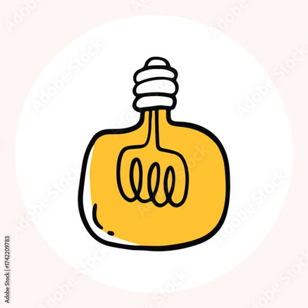 Obraz Bright yellow light bulb with rays shining, symbolizing ideas and creativity in a minimalist style. Light bulb doodle hand drawn icon. Outline Color drawing shining light bulb line clipart symbol.