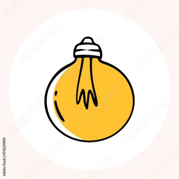 Obraz Bright yellow light bulb with rays shining, symbolizing ideas and creativity in a minimalist style. Light bulb doodle hand drawn icon. Outline Color drawing shining light bulb line clipart symbol.