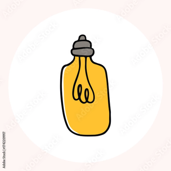 Obraz Bright yellow light bulb with rays shining, symbolizing ideas and creativity in a minimalist style. Light bulb doodle hand drawn icon. Outline Color drawing shining light bulb line clipart symbol.