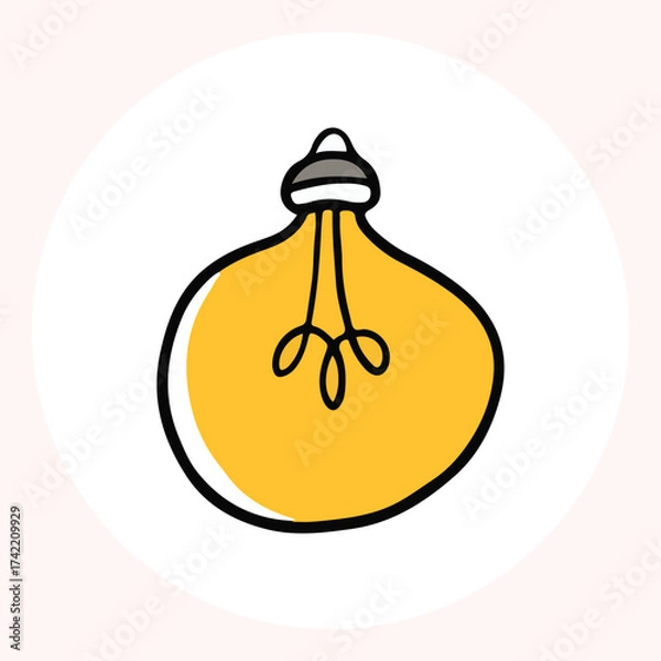 Obraz Bright yellow light bulb with rays shining, symbolizing ideas and creativity in a minimalist style. Light bulb doodle hand drawn icon. Outline Color drawing shining light bulb line clipart symbol.