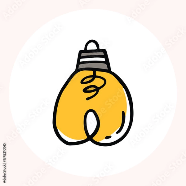 Obraz Bright yellow light bulb with rays shining, symbolizing ideas and creativity in a minimalist style. Light bulb doodle hand drawn icon. Outline Color drawing shining light bulb line clipart symbol.