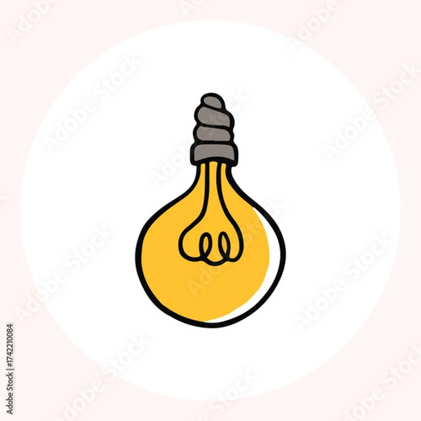 Obraz Bright yellow light bulb with rays shining, symbolizing ideas and creativity in a minimalist style. Light bulb doodle hand drawn icon. Outline Color drawing shining light bulb line clipart symbol.