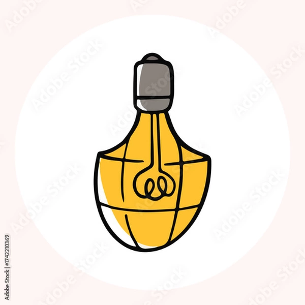 Obraz Bright yellow light bulb with rays shining, symbolizing ideas and creativity in a minimalist style. Light bulb doodle hand drawn icon. Outline Color drawing shining light bulb line clipart symbol.