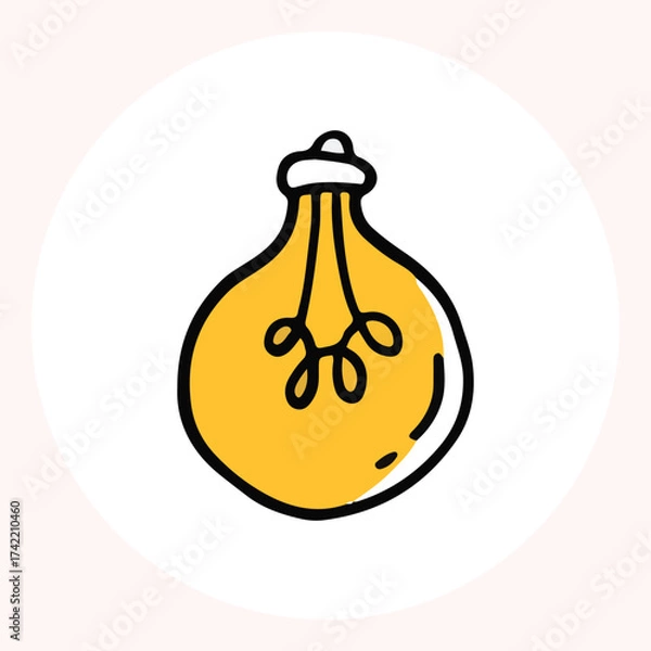 Obraz Bright yellow light bulb with rays shining, symbolizing ideas and creativity in a minimalist style. Light bulb doodle hand drawn icon. Outline Color drawing shining light bulb line clipart symbol.