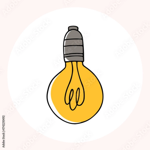 Obraz Bright yellow light bulb with rays shining, symbolizing ideas and creativity in a minimalist style. Light bulb doodle hand drawn icon. Outline Color drawing shining light bulb line clipart symbol.