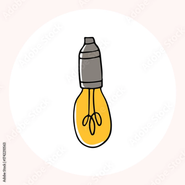 Obraz Bright yellow light bulb with rays shining, symbolizing ideas and creativity in a minimalist style. Light bulb doodle hand drawn icon. Outline Color drawing shining light bulb line clipart symbol.