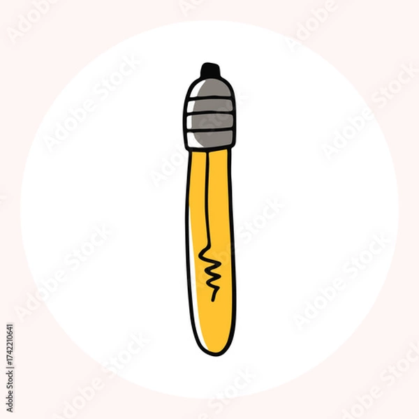 Obraz Bright yellow light bulb with rays shining, symbolizing ideas and creativity in a minimalist style. Light bulb doodle hand drawn icon. Outline Color drawing shining light bulb line clipart symbol.