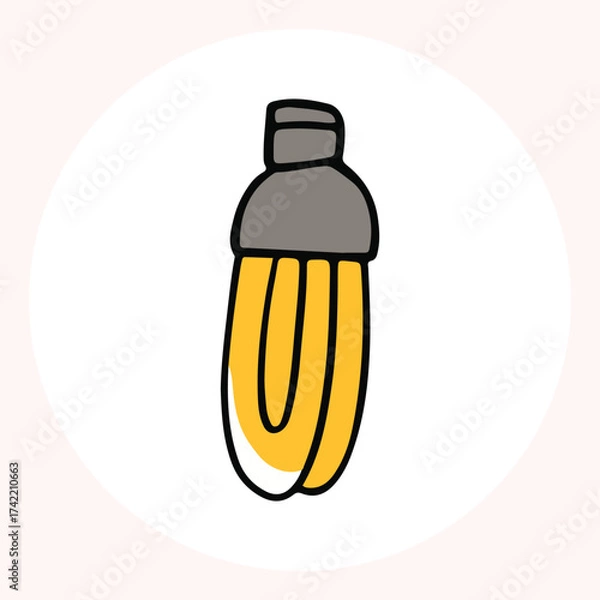 Obraz Bright yellow light bulb with rays shining, symbolizing ideas and creativity in a minimalist style. Light bulb doodle hand drawn icon. Outline Color drawing shining light bulb line clipart symbol.