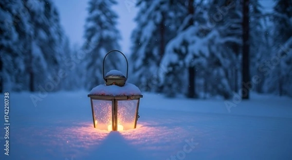 Fototapeta Glowing Lantern in Snowy Forest - Winters Warmth Amidst the Cold Blue Twilight.