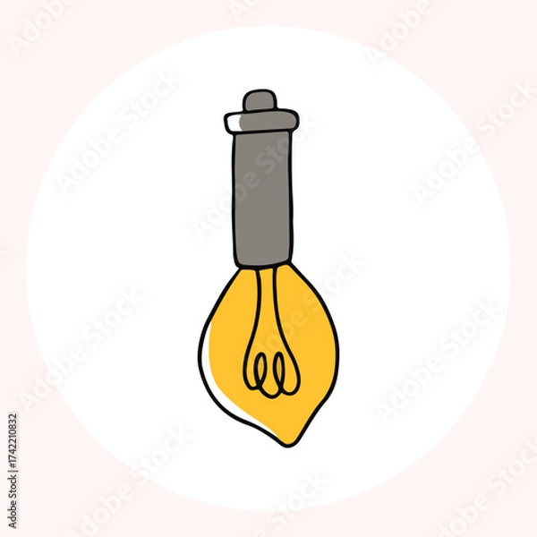 Obraz Bright yellow light bulb with rays shining, symbolizing ideas and creativity in a minimalist style. Light bulb doodle hand drawn icon. Outline Color drawing shining light bulb line clipart symbol.