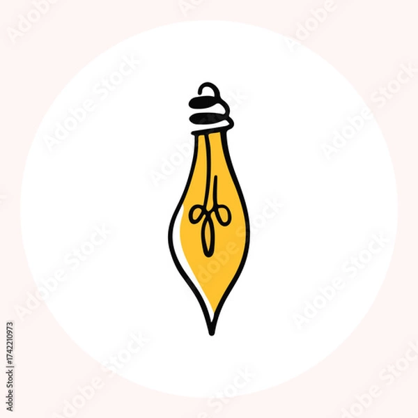 Obraz Bright yellow light bulb with rays shining, symbolizing ideas and creativity in a minimalist style. Light bulb doodle hand drawn icon. Outline Color drawing shining light bulb line clipart symbol.