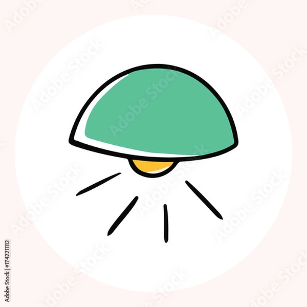 Obraz Bright yellow light bulb with rays shining, symbolizing ideas and creativity in a minimalist style. Light bulb doodle hand drawn icon. Outline Color drawing shining light bulb line clipart symbol.