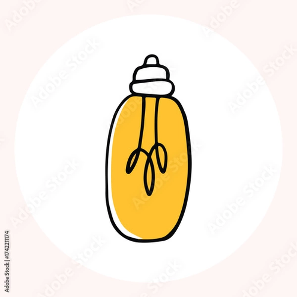 Obraz Bright yellow light bulb with rays shining, symbolizing ideas and creativity in a minimalist style. Light bulb doodle hand drawn icon. Outline Color drawing shining light bulb line clipart symbol.