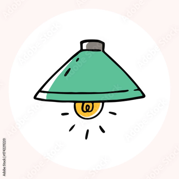 Obraz Bright yellow light bulb with rays shining, symbolizing ideas and creativity in a minimalist style. Light bulb doodle hand drawn icon. Outline Color drawing shining light bulb line clipart symbol.