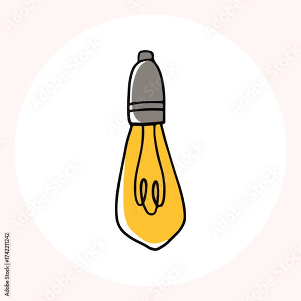 Obraz Bright yellow light bulb with rays shining, symbolizing ideas and creativity in a minimalist style. Light bulb doodle hand drawn icon. Outline Color drawing shining light bulb line clipart symbol.