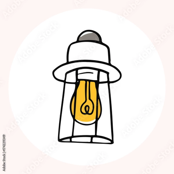 Obraz Bright yellow light bulb with rays shining, symbolizing ideas and creativity in a minimalist style. Light bulb doodle hand drawn icon. Outline Color drawing shining light bulb line clipart symbol.