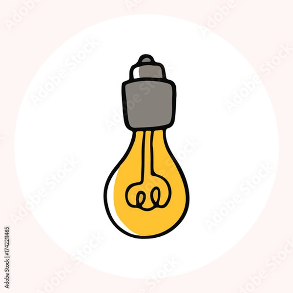Obraz Bright yellow light bulb with rays shining, symbolizing ideas and creativity in a minimalist style. Light bulb doodle hand drawn icon. Outline Color drawing shining light bulb line clipart symbol.