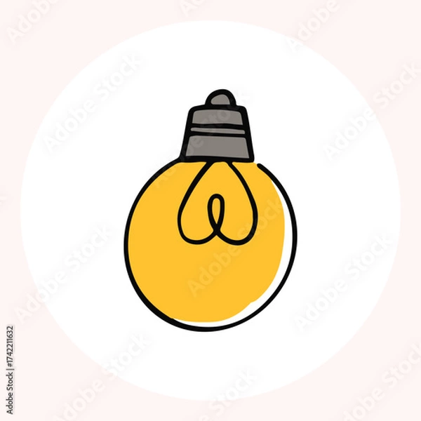 Obraz Bright yellow light bulb with rays shining, symbolizing ideas and creativity in a minimalist style. Light bulb doodle hand drawn icon. Outline Color drawing shining light bulb line clipart symbol.