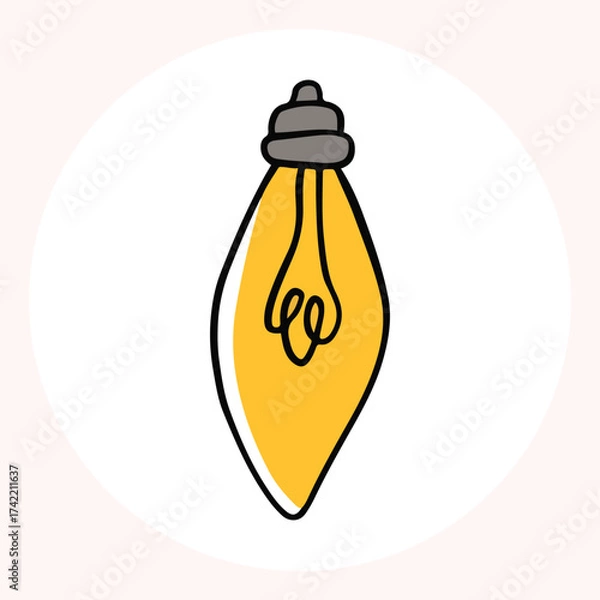 Obraz Bright yellow light bulb with rays shining, symbolizing ideas and creativity in a minimalist style. Light bulb doodle hand drawn icon. Outline Color drawing shining light bulb line clipart symbol.