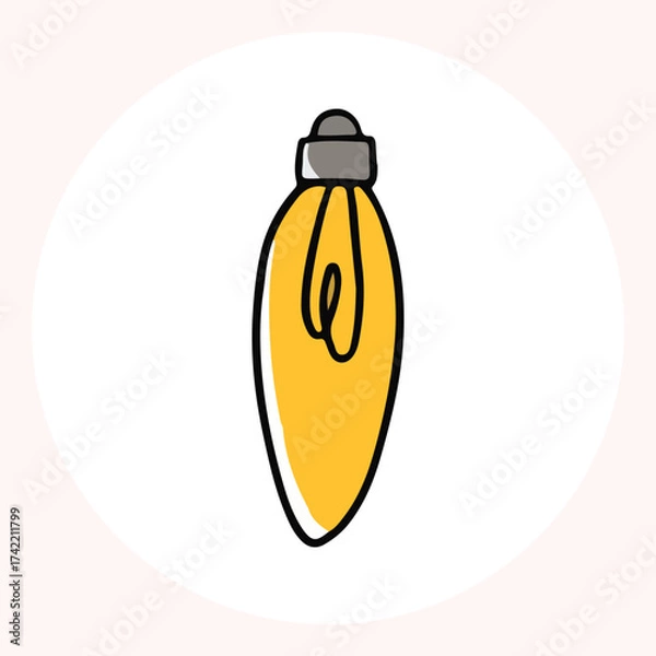 Obraz Bright yellow light bulb with rays shining, symbolizing ideas and creativity in a minimalist style. Light bulb doodle hand drawn icon. Outline Color drawing shining light bulb line clipart symbol.