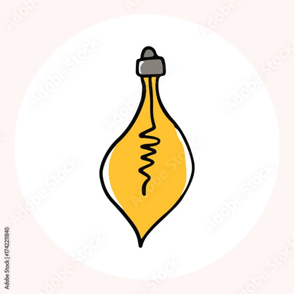 Obraz Bright yellow light bulb with rays shining, symbolizing ideas and creativity in a minimalist style. Light bulb doodle hand drawn icon. Outline Color drawing shining light bulb line clipart symbol.