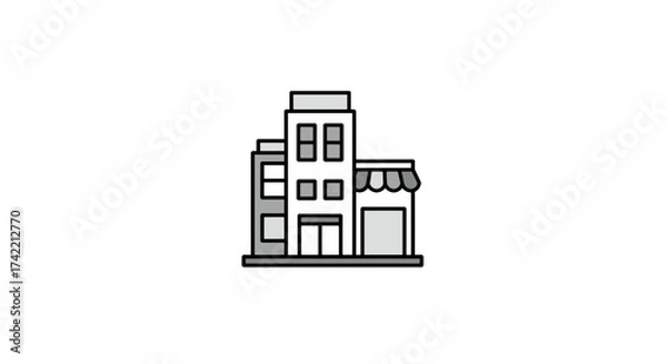 Fototapeta Simple cartoon illustration of a multistory building with an attached shop.