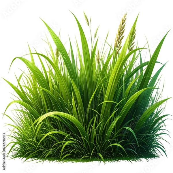 Obraz Lush green grass clump with detailed blades and seed heads.