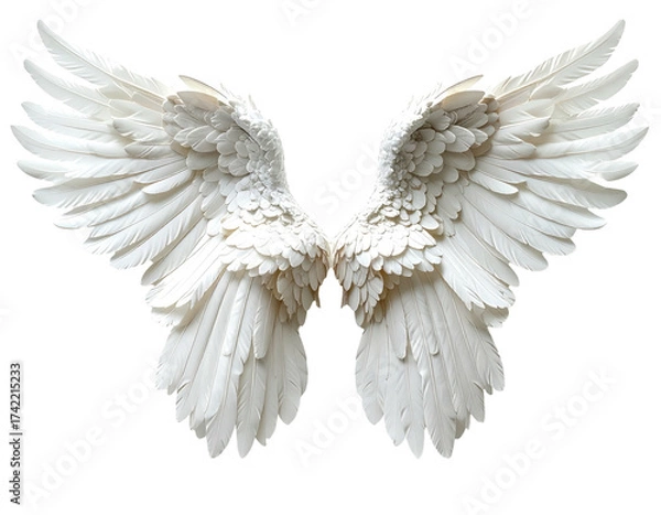 Obraz Intricate White Feathered Wings Sculpture Isolated On White Background.