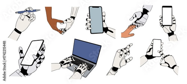 Fototapeta Set of robotic and human hands interacting—typing, drawing, gesturing, holding smartphone—in minimalist colored outline vector style, isolated on transparent background