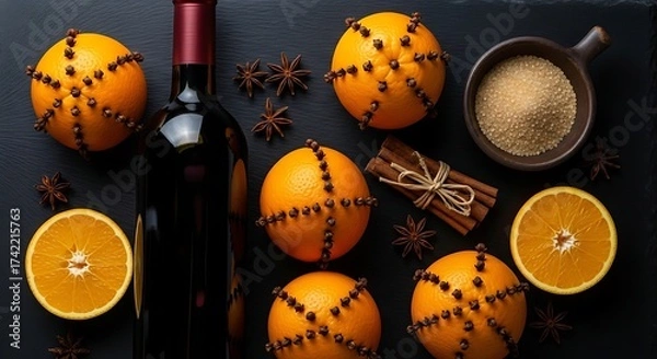 Fototapeta Festive Mulled Wine Ingredients - Oranges, Spices, and Red Wine on Dark Background.